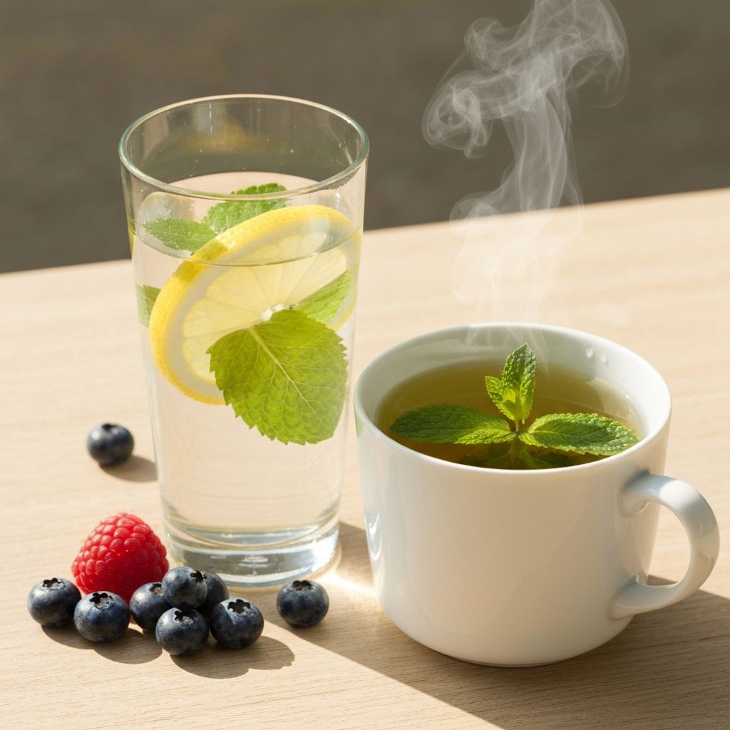 Glass of water with fresh mint and lemon, tea and berries